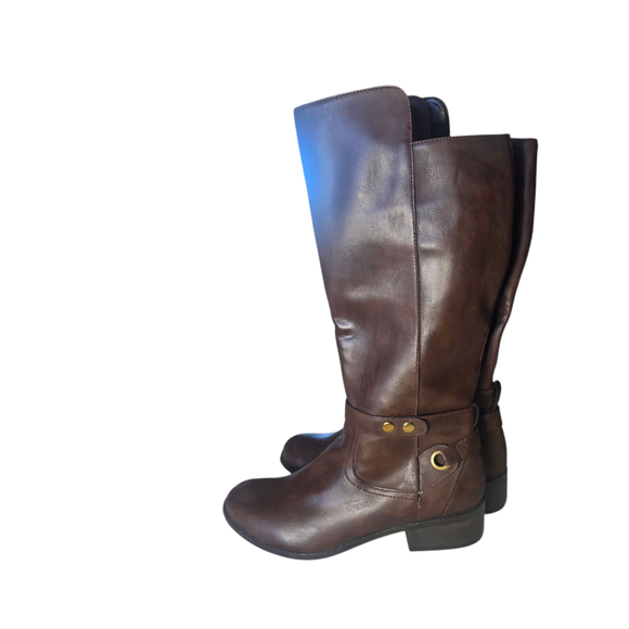 Brown Tall Boots, Gold Accents, Y2K, NWT, Slight Wedge, Boho - Picture 3 of 8